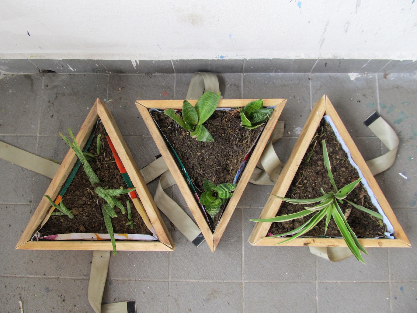 Triangular timber planters made from reclaimed materials
